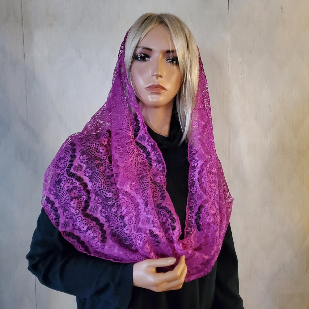 Rose Fuschia Silky Lace Infinity Veil Mantilla Chapel Veil Catholic Mass Modesty